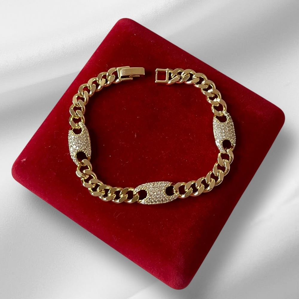 14k Gold Plated Cuban Chain Bracelet with Rhinestone Accents